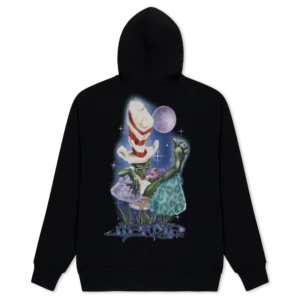 A black Big Poe Hoodie by Ripndip featuring a graphic of a green character in a red and white striped hat, surrounded by purple and blue hues with a full moon and stars in the background, plus stylised text at the bottom. Gate21.ee