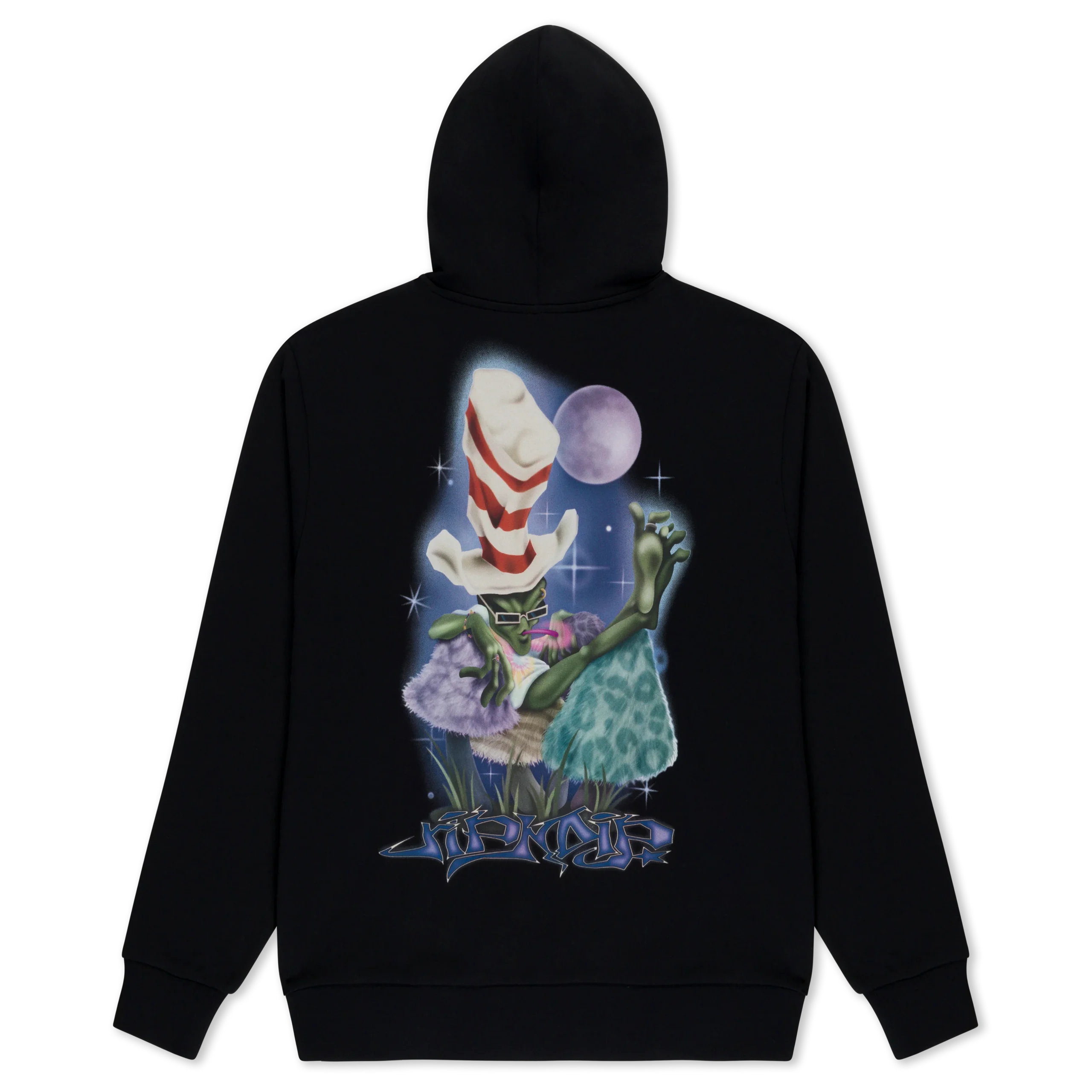 A black Big Poe Hoodie by Ripndip featuring a graphic of a green character in a red and white striped hat, surrounded by purple and blue hues with a full moon and stars in the background, plus stylised text at the bottom. Gate21.ee