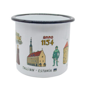The Pits suveniirid - K&Otilde;IK is a white enamel mug with a black rim, decorated in a charming cartoon style with illustrations of Tallinn landmarks, a knight, a queen, the text &ldquo;anno 1154,&rdquo; &ldquo;Tallinn - Estonia,&rdquo; and an Estonian flag&mdash;making it a delightful addition to your suveniirid collection. Gate21.ee