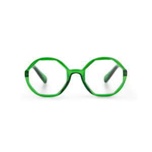 A pair of LOLITA - Emerald Green reading glasses by Looplabb, featuring bright green, round geometric frames with clear lenses and straight arms angled slightly back, is centred on a white background. The image is clean and evenly lit. Gate21.ee