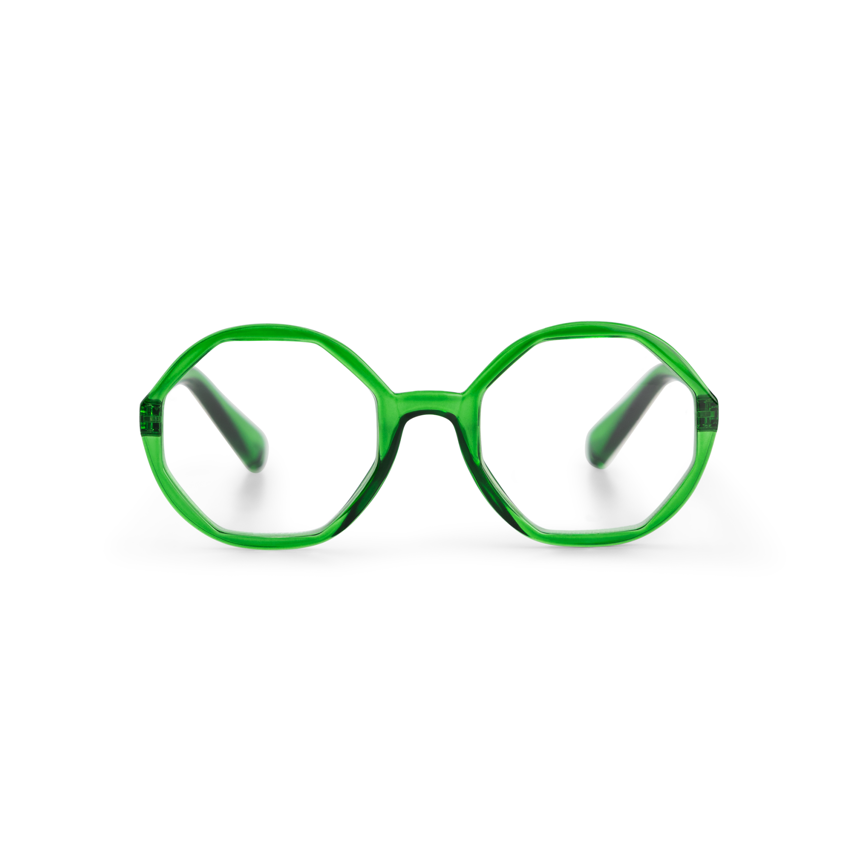 A pair of LOLITA - Emerald Green reading glasses by Looplabb, featuring bright green, round geometric frames with clear lenses and straight arms angled slightly back, is centred on a white background. The image is clean and evenly lit. Gate21.ee