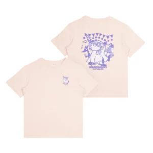 Two pale pink “Moomin Ts - Little My’s Party” T-shirts are shown front and back. Both feature the purple cartoon character Little My. The front displays a small chest design, whilst the back showcases a larger illustration with geometric shapes and the text “NORDICBUDDIES CLOTHING CO.”. Gate21.ee