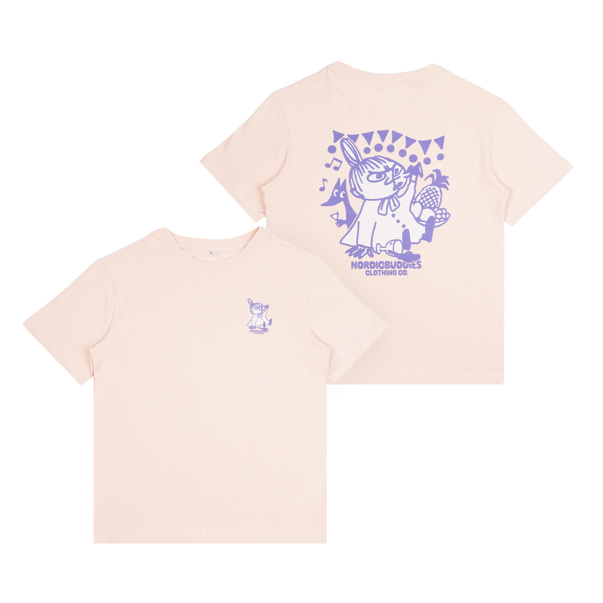 Two pale pink “Moomin Ts - Little My’s Party” T-shirts are shown front and back. Both feature the purple cartoon character Little My. The front displays a small chest design, whilst the back showcases a larger illustration with geometric shapes and the text “NORDICBUDDIES CLOTHING CO.”. Gate21.ee