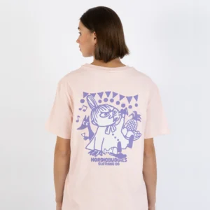 A person with short brown hair is facing away from the camera and wearing a light pink “Moomin Ts - Little My’s Party” T-shirt, which features a large purple cartoon graphic and the text “Nordicbuddies Clothing Co.” on the back. Gate21.ee