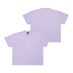 Two Moomin Heavy Ts in lavender are displayed on a white background. The front shirt features a small white graphic on the chest, whilst the back shirt is shown from behind with no visible design. Gate21.ee