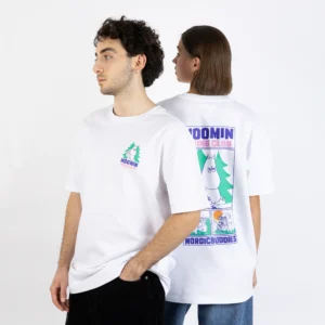 Two people stand back to back, both wearing the Moomin Ts - Hiking Club shirts. The person facing forwards displays the small front design, while the person turned away showcases the large colourful graphic on the back. The background is plain white. Gate21.ee