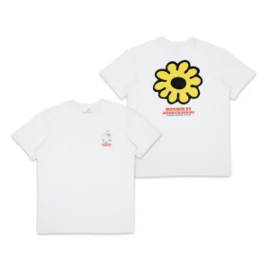 Two white “Moomin Ts - Troll’s Flower” T-shirts are shown, front and back. The back displays a large yellow and black flower with red text reading “MOOMIN BY NORDICBUDDIES”, whilst the front features a small Moomin character and text on the chest. Gate21.ee