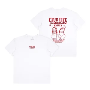 Moomin Ts - Club Life - White: This white T-shirt features a small “CLUB LIFE IN MOOMIN VALLEY” logo in red text and line art on the left chest, perfect for fans of Moomin T-shirts. The back showcases a large version of the logo with two cartoon characters, musical notes, and “NORDICBUDDIES CLOTHING CO.” text. Gate21.ee