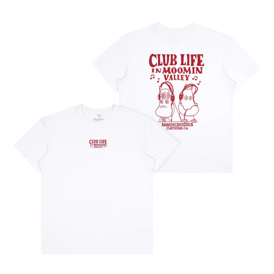 Moomin Ts - Club Life - White: This white T-shirt features a small “CLUB LIFE IN MOOMIN VALLEY” logo in red text and line art on the left chest, perfect for fans of Moomin T-shirts. The back showcases a large version of the logo with two cartoon characters, musical notes, and “NORDICBUDDIES CLOTHING CO.” text. Gate21.ee