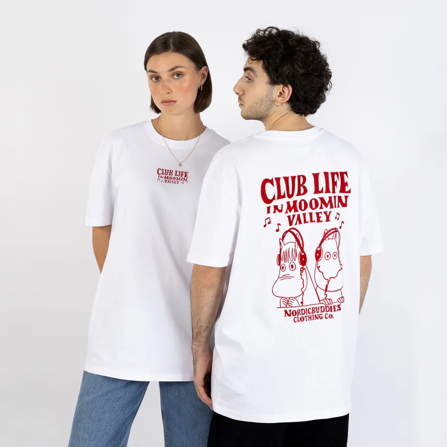 Two people wear the Moomin Ts - Club Life - White. The front features small red text, whilst the back displays large red text and two cartoon characters wearing headphones with “CLUB LIFE IN MOOMIN VALLEY” written above them. Gate21.ee