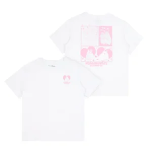 Moomin Ts - Love - White shown front and back. The front displays a small pink heart with two cartoon animals inside, inspired by classic Moomin T-shirt designs. The back features four pink cartoon panels with animals and the text “Nordicbuddies Clothing Co.” at the bottom. Gate21.ee