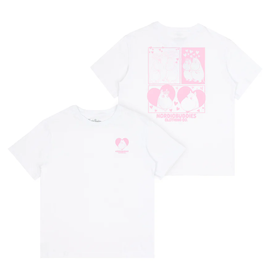 Moomin Ts - Love - White shown front and back. The front displays a small pink heart with two cartoon animals inside, inspired by classic Moomin T-shirt designs. The back features four pink cartoon panels with animals and the text “Nordicbuddies Clothing Co.” at the bottom. Gate21.ee