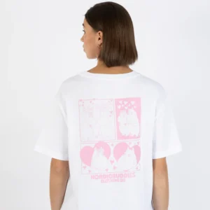 A person with short brown hair is seen from behind wearing the “Moomin Ts - Love - White” T-shirt, which features pink cartoon Moomin characters and hearts on the back, along with the text NORDICBUDDIES CLOTHING CO. Gate21.ee