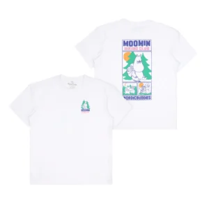 Introducing the Moomin Ts - Hiking Club: a white T-shirt featuring a small tree graphic and “Moomin Hiking Club” text on the front left chest. The back showcases a large, colourful design with Moomin, trees, moon, and comic panels accented in pastel hues and labelled “NordicBuddies.” Perfect for fans of Moomin T-shirts, this piece combines whimsical adventure with playful style. Gate21.ee