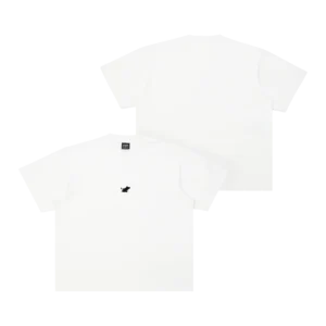 Two views of the Moomin Heavy Ts - White are shown on a white background. This plain white short-sleeve T-shirt features a small black Moomin-inspired graphic on the left chest. Both the front and back of the Moomin Heavy Ts - White are visible. Gate21.ee