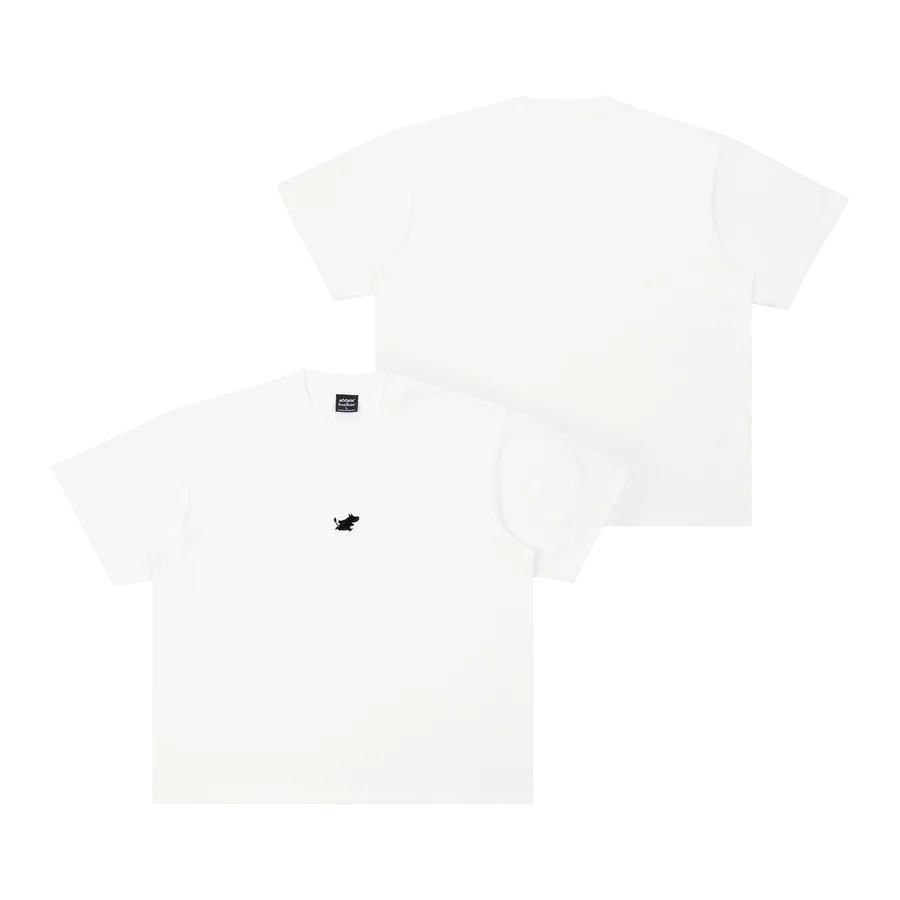 Two views of the Moomin Heavy Ts - White are shown on a white background. This plain white short-sleeve T-shirt features a small black Moomin-inspired graphic on the left chest. Both the front and back of the Moomin Heavy Ts - White are visible. Gate21.ee