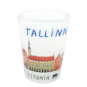 A frosted shot glass from the Pits suveniirid - K&Otilde;IK collection features colourful buildings, the word TALLINN in blue, and ESTONIA with a small Estonian flag at the bottom&mdash;making it a charming addition to your souvenir collection. Gate21.ee