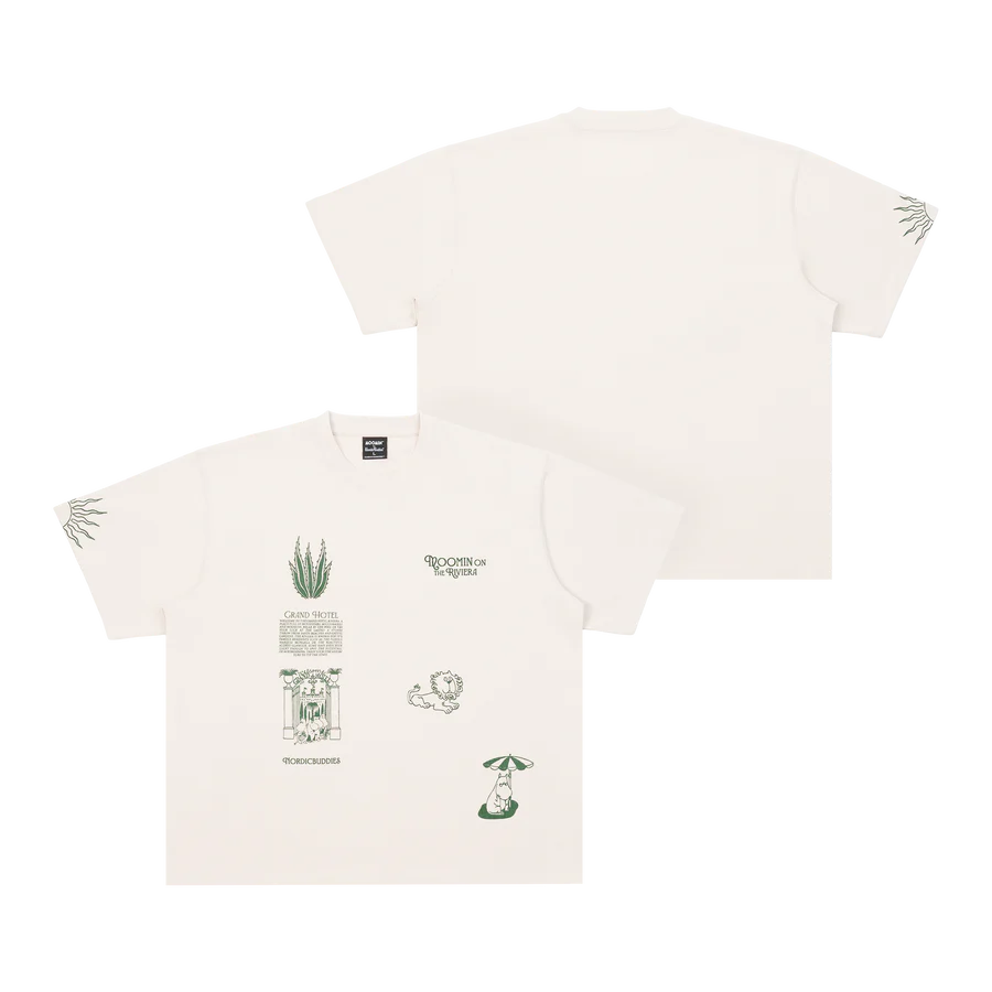 Two white short-sleeve Moomin Heavy Ts - Riviera are shown front and back. The front features green illustrations, including plants, a lion, text, and a rotary telephone. The back is plain, with small artwork also on the left sleeve. Gate21.ee