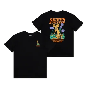Two black Moomin Ts – Sniff’s Business T-shirts: one features a small kangaroo graphic on the front, and the other shows the back with a larger kangaroo surrounded by mushrooms, plants, and the text “SNIFFS BUSINESS NORDICBUDDIES CLOTHING CO.”. Gate21.ee