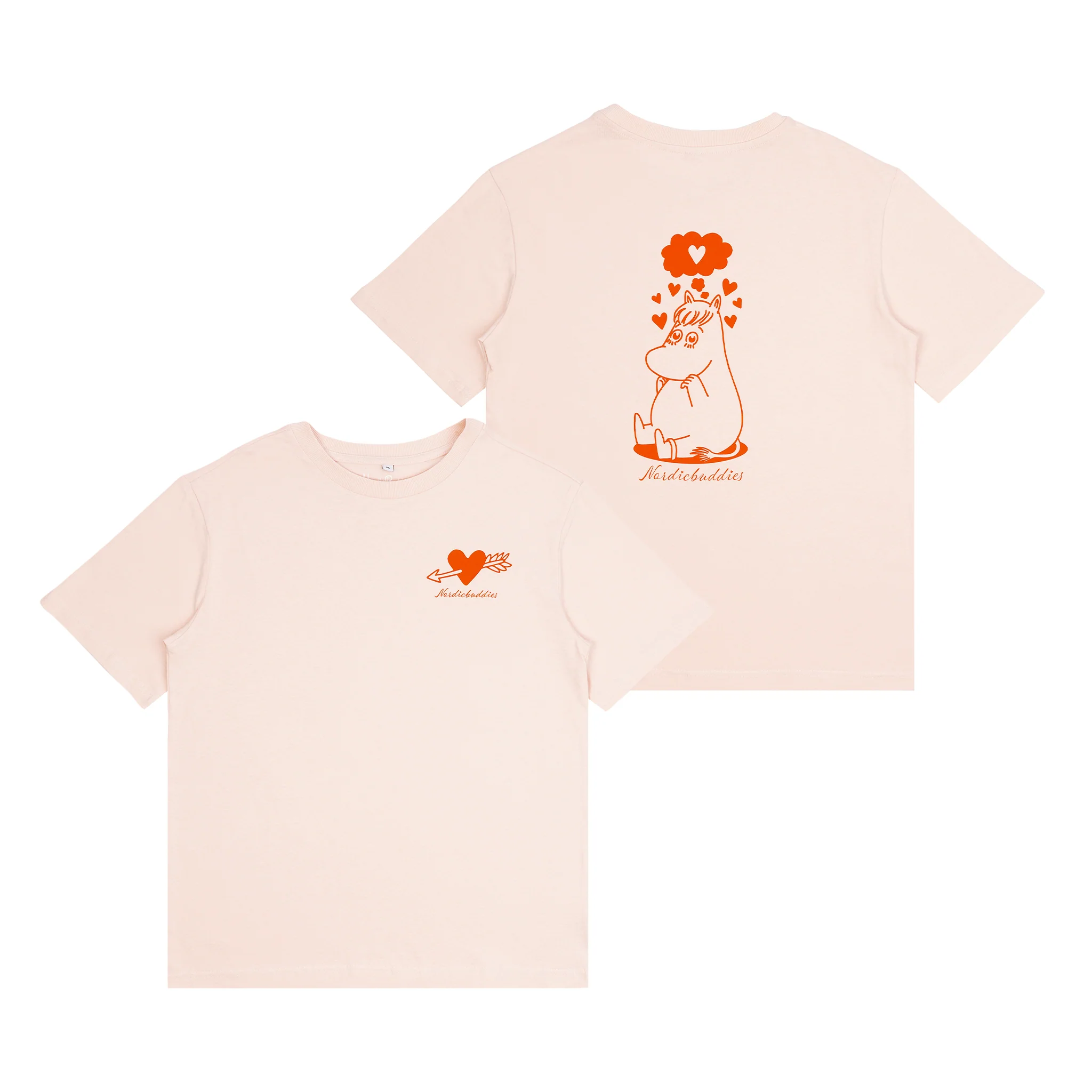 Front and back view of the Moomin Ts - Snorkmaiden in Love T-shirt in light pink. The front is decorated with a small orange heart and “Moominvalley” text, whilst the back shows an illustration of Snorkmaiden from Moomin with floating hearts above her head and matching “Moominvalley” text below. Gate21.ee