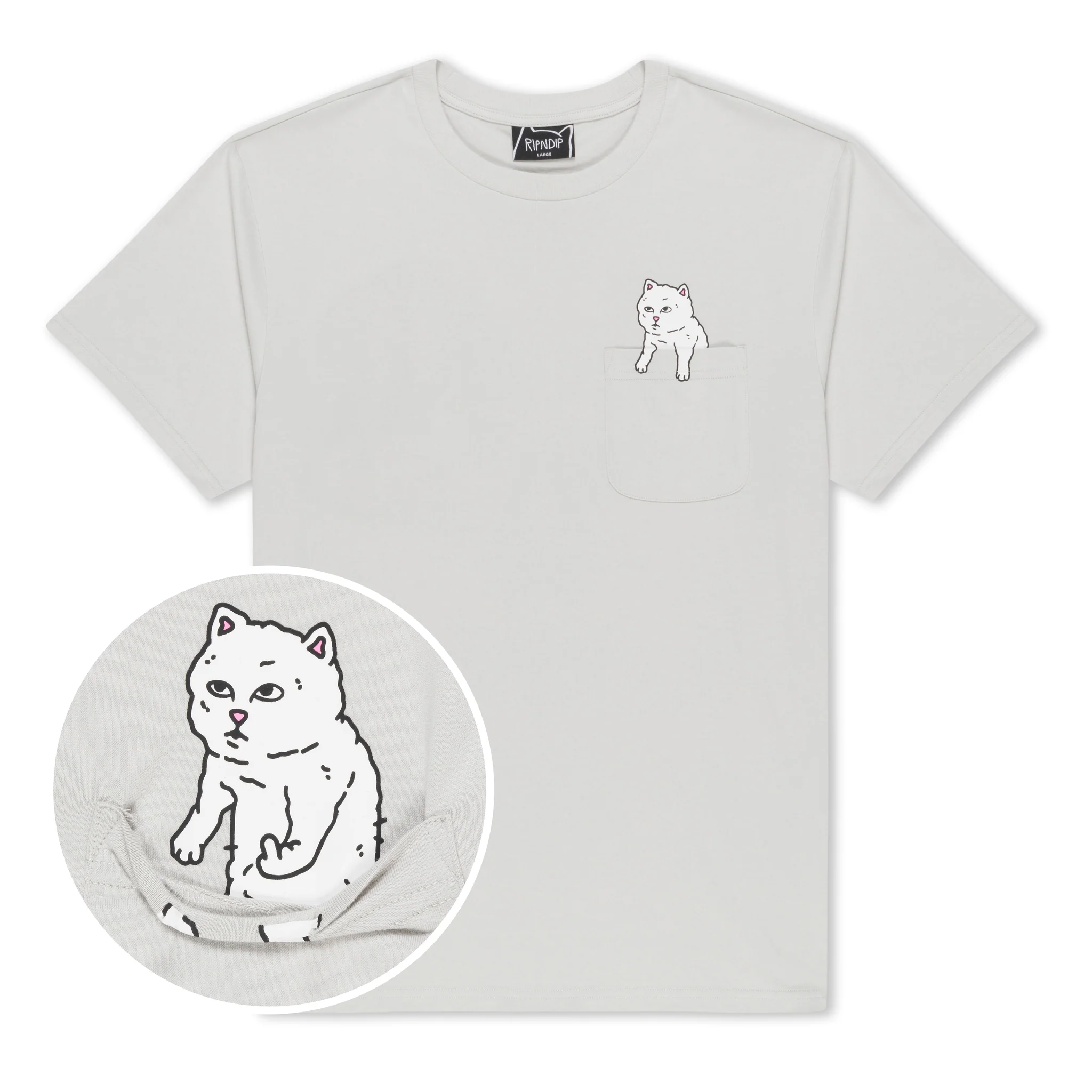 A plain grey For Sale Pocket Tee from RipnDip features a small, outlined drawing of a cat—reminiscent of the Skelly Nerm Smokes design—sitting inside the chest pocket. An inset shows a close-up of the cat illustration, highlighting its details and placement on the pocket. Gate21.ee