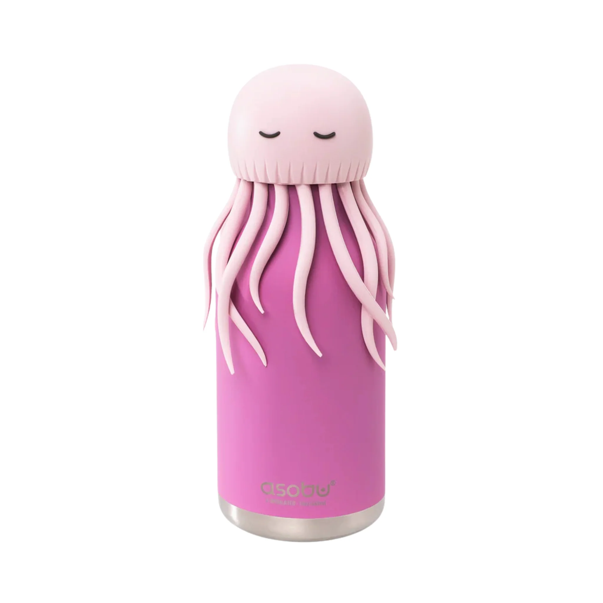 A pink insulated Octopus Bestie - 740ml water bottle by ASOBU, featuring a silicone lid shaped like a jellyfish with closed eyes and multiple tentacles cascading down the sides. The bottle has a silver bottom edge, and the ASOBU brand is printed on the front. Gate21.ee