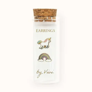 A clear glass phial with cork holds two whimsical enamel earrings from the Unicorn earrings by Vivi collection—one shaped like a unicorn and the other like a rainbow. The text on the phial reads “Earrings by Vivi,” making these charming accessories a delightful addition to any jewellery collection. Gate21.ee