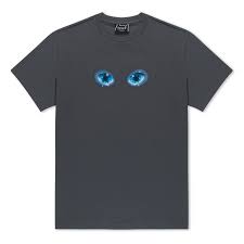 A charcoal Ride or Die Tee featuring a pair of realistic blue cat-like eyes printed on the chest, inspired by the playful style of RIPnDIP T-shirts. Gate21.ee