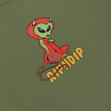The Devil Alien Tee - Dusty Forest features a cartoon alien with red skin and horns holding a red cat, bringing a playful twist to classic RIPNDIP T-shirts. The word “RIPNDIP” is printed in yellow below the characters, all set against a dusty forest (olive green) background. Gate21.ee