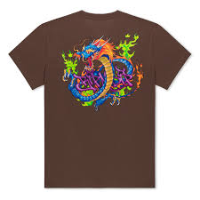 A brown T-shirt in size M, this Dragonology Tee features a colourful dragon graphic surrounded by green flames and stylised graffiti text on the back. Gate21.ee