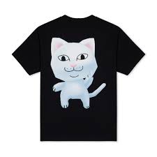 A charcoal NermII T-shirt by RIPnDIP featuring a large graphic of a white cartoon cat with pink ears and a mischievous expression printed on the back. Gate21.ee