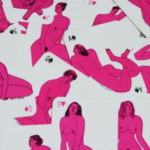 A scattered pile of Krõõt Kukkur Playing Cards - Nudes features illustrations of nude women in various poses, drawn in bold pink and black outlines. Designed by Krõõt Kukkur, these cards display nudes across different suits and values. Gate21.ee