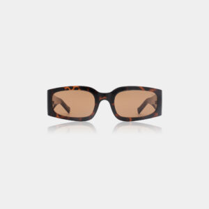 Rectangular ALEX - Demi Tortoise sunglasses by A. Kjærbede, featuring a brown tortoiseshell frame and light brown lenses, are displayed against a plain white background with the glasses facing forward and the arms partially folded. Gate21.ee