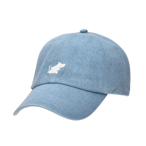 The Moomin Cap - Denim is a light blue baseball cap featuring a curved brim and an embroidered white Moomin logo on the front. Perfect for pairing with playful accessories like Moomin keyrings, this hat stands out beautifully against the plain white background. Gate21.ee
