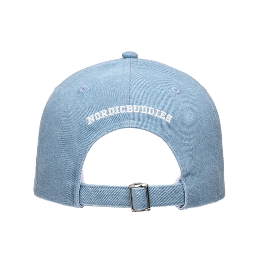 A light blue denim Moomin Cap is shown from the back, featuring white embroidered text reading NORDICBUDDIES above the adjustable strap with a metal buckle—perfect for pairing with your favourite Moomin keyrings for a playful touch. Gate21.ee