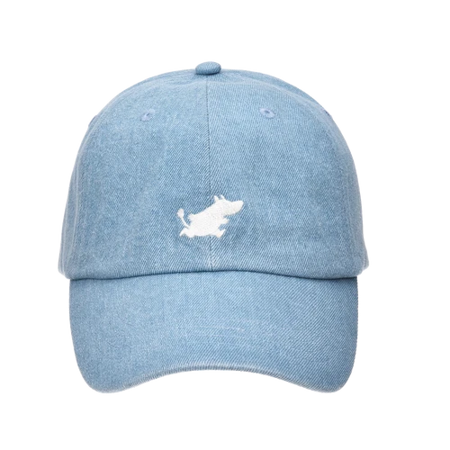 A denim blue Moomin Cap featuring a small white embroidered dog silhouette on the front, displayed against a plain white background—a charming accessory that pairs perfectly with your favourite Moomin keyrings for a playful touch. Gate21.ee