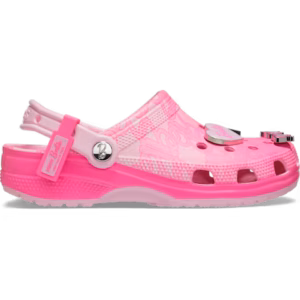 The Crocs Barbie® Classic Clog is a pink and light pink Classic Clog-style shoe featuring ventilation holes, a back strap, and decorative Barbie charms on the top. This Crocs shoe also includes a textured sole and showcases a mix of patterns alongside solid colours. Gate21.ee
