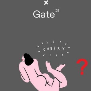 Illustration of a nude person lying on their side, with CHEEKY above them and a large red question mark nearby. The top features stylised text: KRÕÕT KUKKUR x Gate 21 on a dark grey background. Gate21.ee