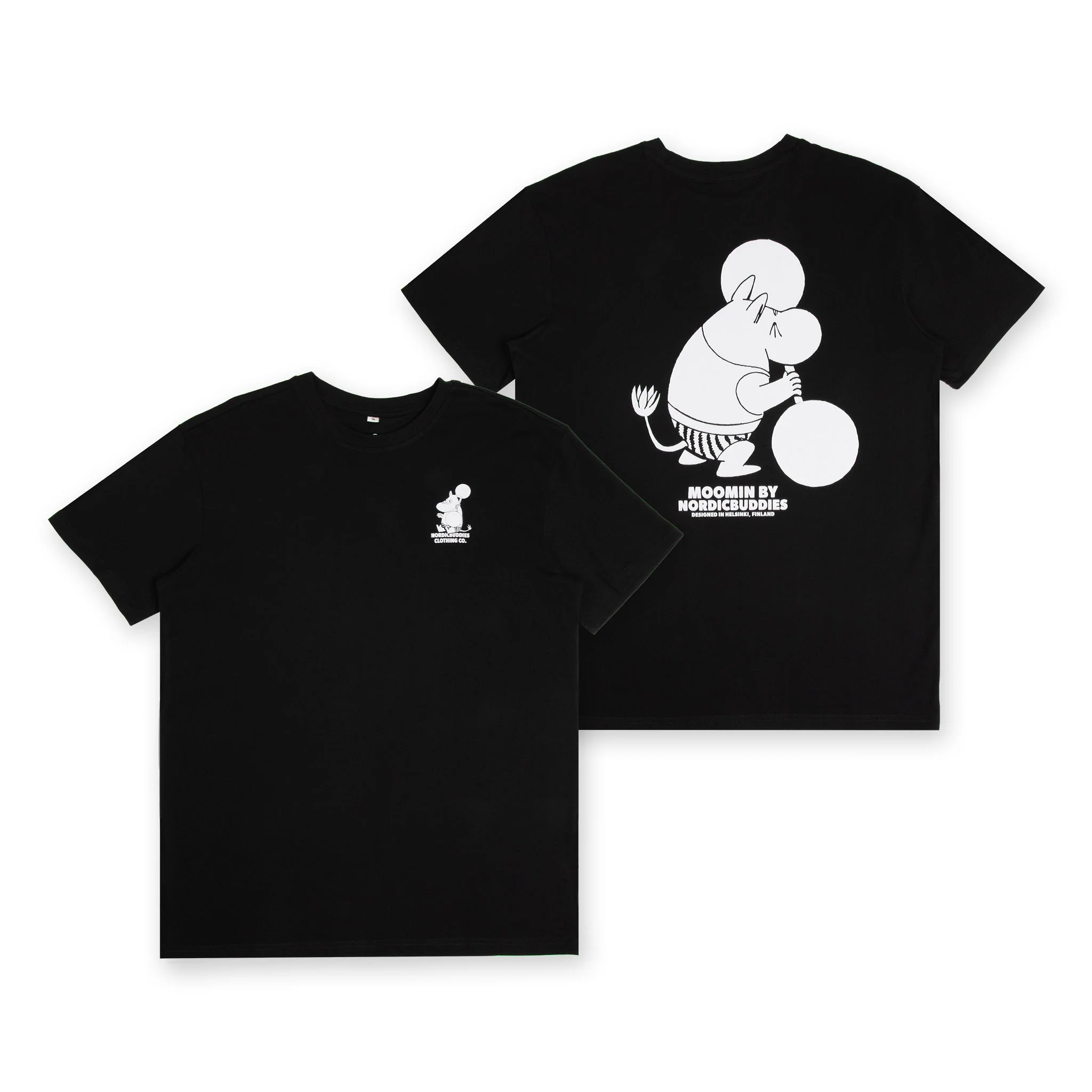 Two black Moomintroll Weightlifting T-Shirts are displayed, showing both the front and back. Both feature a white cartoon Moomintroll with a tail; the front has a small graphic on the left chest, whilst the back displays a large version accompanied by the text “MOOMIN BY HOSHICUBES.”. Gate21.ee