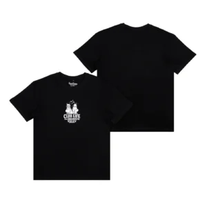 Two Moomin Ts – Club Life Black short-sleeve T-shirts in black are shown front and back. The front of the shirt displays a small white graphic with the text “Club Life New Wave Martini” on the left chest, whilst the back is plain with no visible designs or text. Gate21.ee