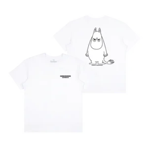 The Moomintroll Temper Heavy Ts White is shown front and back; the front features small text on the chest, whilst the back displays a simple black outline drawing of a neutral-faced Moomin character. Set against a plain white background, this classic Moomin T-shirt offers everyday comfort and style. Gate21.ee