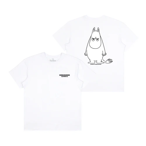 The Moomintroll Temper Heavy Ts White is shown front and back; the front features small text on the chest, whilst the back displays a simple black outline drawing of a neutral-faced Moomin character. Set against a plain white background, this classic Moomin T-shirt offers everyday comfort and style. Gate21.ee