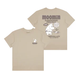 Beige short-sleeve Moomintroll Ts - Gardening T-shirt featuring a charming Moomin character graphic and gardening project text on the back, with a small matching logo on the front left chest. Both front and back designs are in a darker shade. Gate21.ee