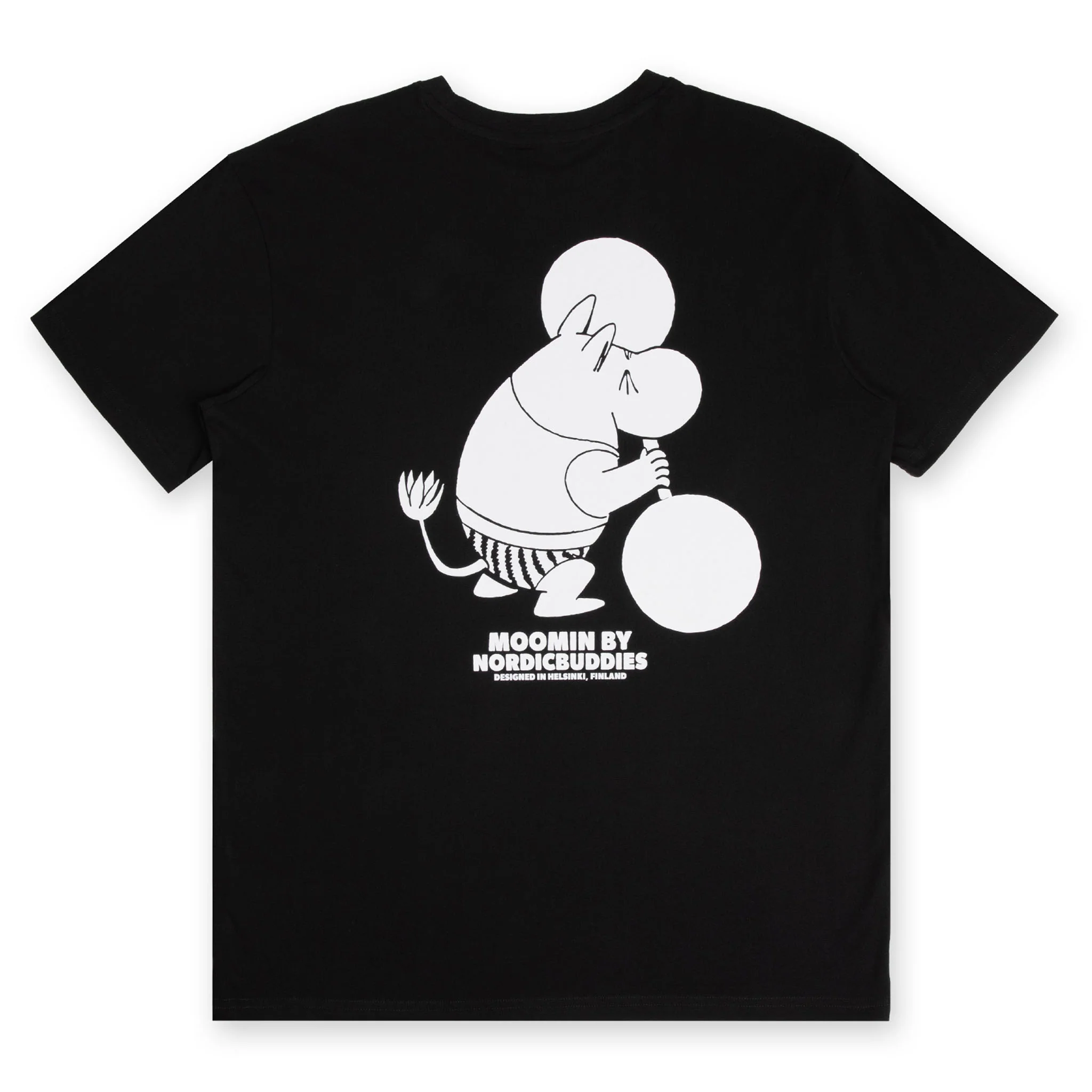 The Moomintroll Weightlifting T-Shirt Black features a centred white graphic on the back of Moomin holding two balloons, with “MOOMIN BY NORDICBUDDIES” text underneath—an ideal choice for fans of Moomin T-shirts. Gate21.ee
