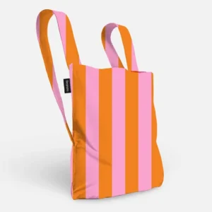 A Notabag Stripes - Orange tote bag with vertical orange and pink stripes is displayed against a plain white background. The bag features two handles and a small black label on one side. Gate21.ee