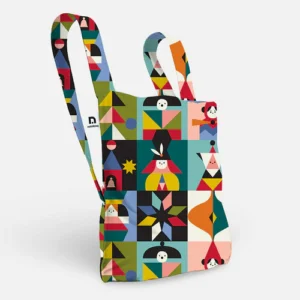A Notabag Playground - Special Edition tote bag with colourful geometric and abstract designs featuring various shapes and stylised faces on the main body and handles, set against a plain white background. Gate21.ee