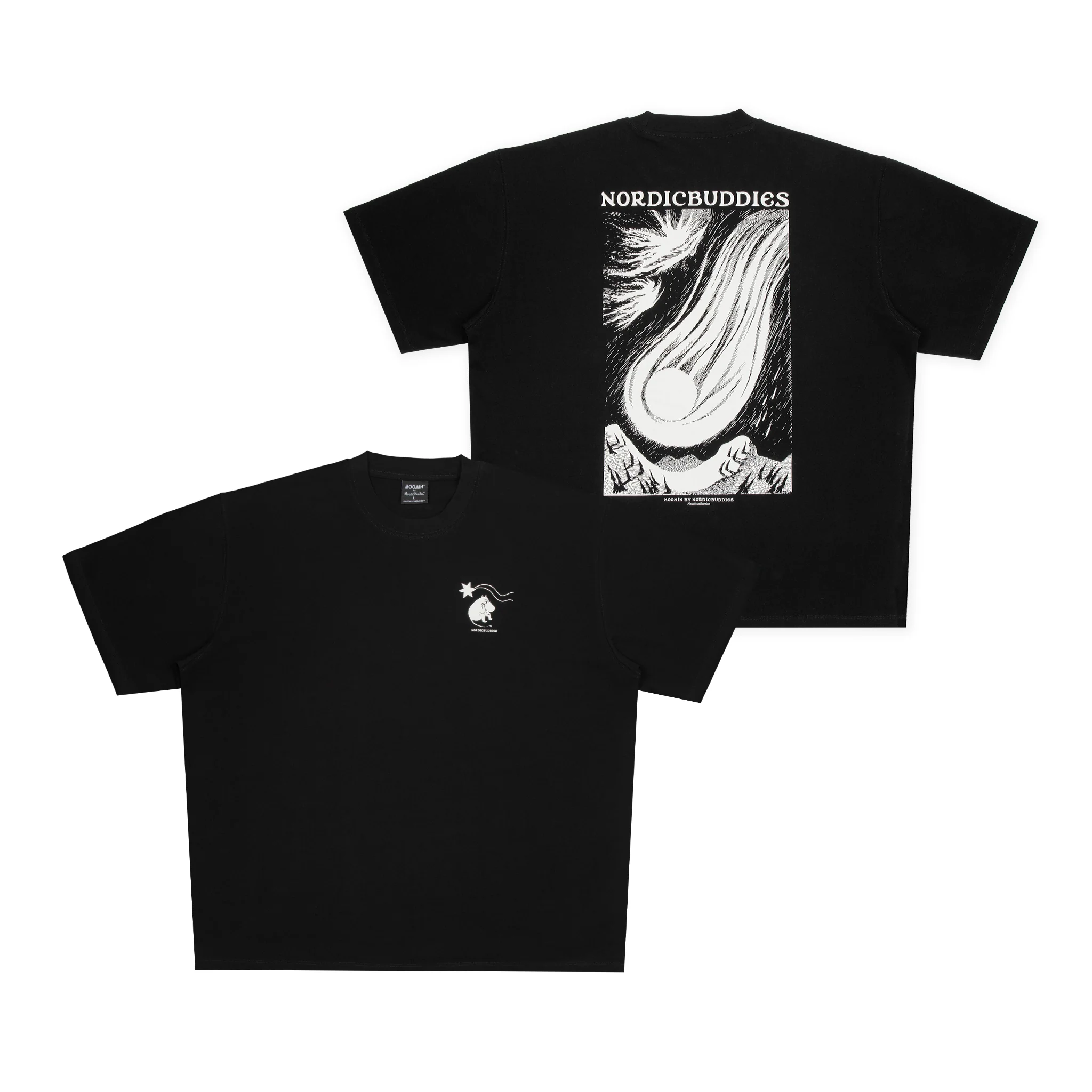 The Moomin Heavy Ts - Novels 2 Black is displayed from both front and back. The front showcases a small polar bear and star graphic on the chest, whilst the back highlights a large illustration of a meteor soaring over mountains with “NORDIC BUDDIES” text at the top. Ideal for fans of unique Moomin T-shirts, this design combines Nordic charm with playful graphics. Gate21.ee