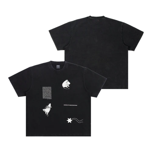 Front and back views of the Moomin Heavy Ts - Novels Black T-shirt. The front displays white graphic designs, including abstract shapes, a star, and text. The back is plain with no visible graphics or text. Gate21.ee