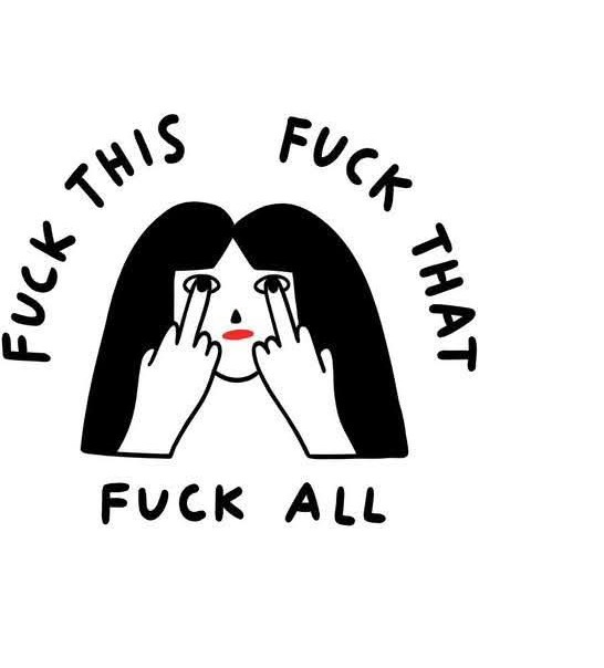Cartoon of a person with long hair holding up both middle fingers to their eyes, in the style of the Krõõt Kukkur x Gate21 Ts - Fuck All shirt. Surrounding text reads: FUCK THIS, FUCK THAT, FUCK ALL. Gate21.ee