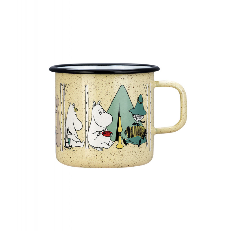 The Campers - Moomin enamel mug 8dl is a beige mug with a black rim, featuring beloved Moomin characters relaxing in a forest scene—ideal for campers. One character holds a red bowl whilst another, wearing a green hat, plays an accordion amidst stylised trees in the background. Gate21.ee